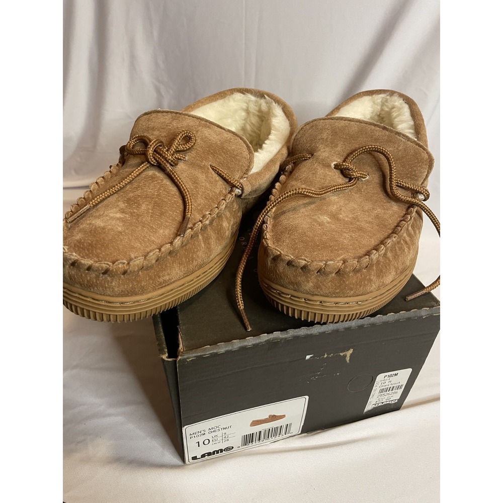 NWT Lamo MOCS SLIP-ON Chestnut Brown Suede‎ FURRY LINING Slippers Men's 9 COMFY